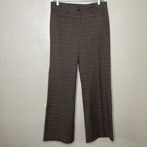 LOFT Trouser Pants Brown Plaid Silk Wool Blend Wide Leg Academia Career 6 - Picture 1 of 14